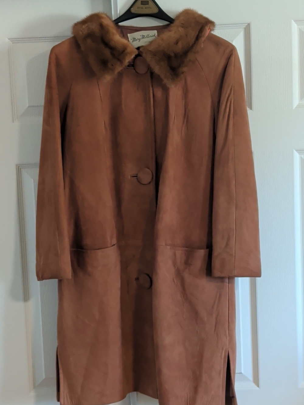 Mary McFadden Cognac Suede Trench Coat with Fur Collar